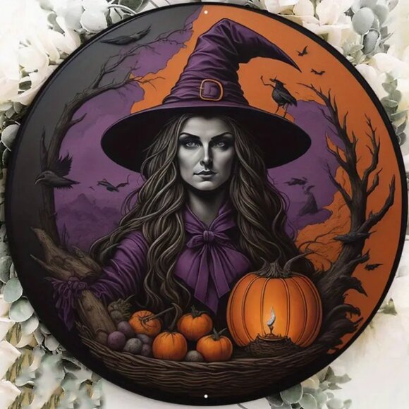 1pc 8x8inch, Aluminum Sign, Autumn Witch, Welcome Wreath Sign - Picture 1 of 2